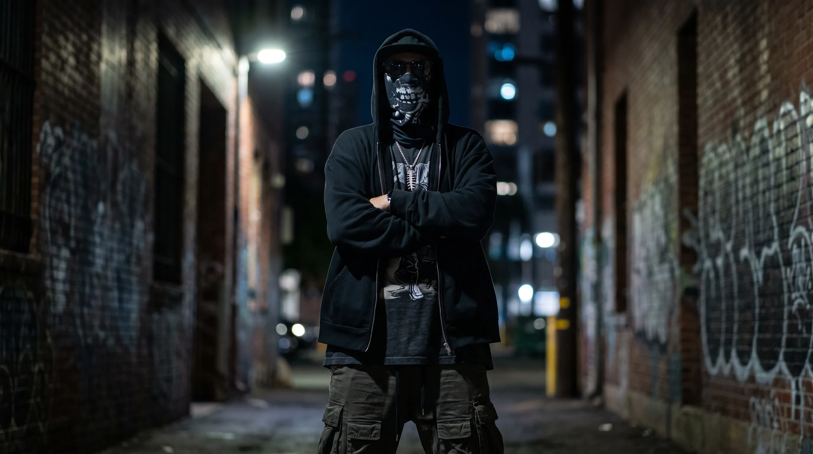 A masked, hooded figure alone in a graffitied alley at night.