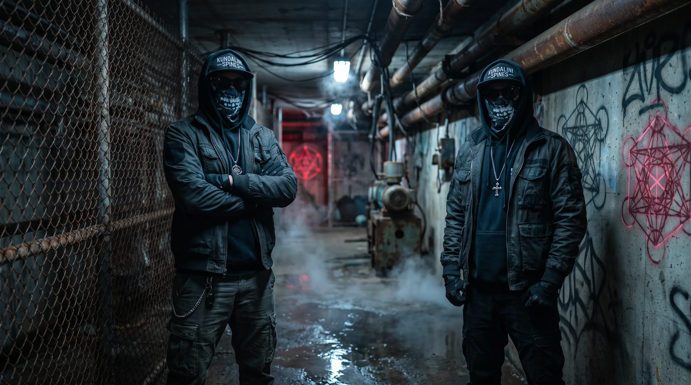 Prophocie and Haight, hooded and masked, standing in a lit service corridor.