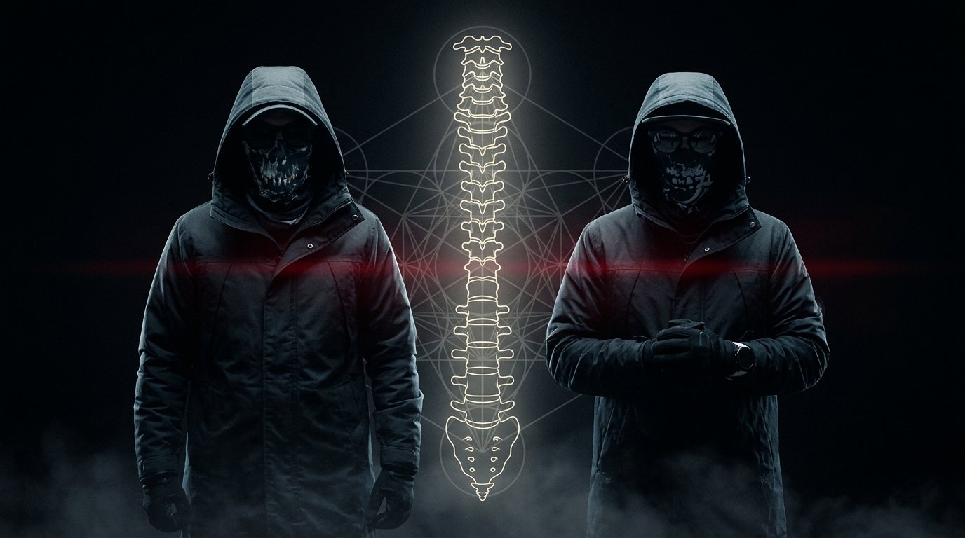 The Spine Between Them — two Messengers of Kundalini Spines flanking a glowing sacred-geometry spine motif.