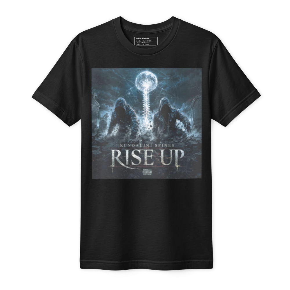 Black fine jersey tee with the Rise Up album cover printed as a solid square on the chest.