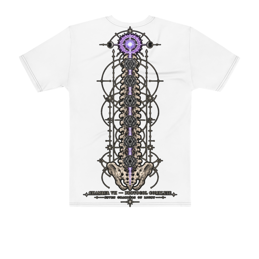 Back of the same white tee: the spine of seven chambers printed large, the top lit violet.
