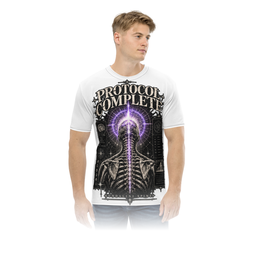 The same white tee worn, from the front, showing how large the Protocol Complete print sits on the body.