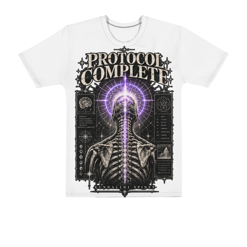 White all-over print tee with the Protocol Complete artwork printed large across the front: PROTOCOL COMPLETE over a figure seen from behind, its spine a column of violet light rising to a crown of light.