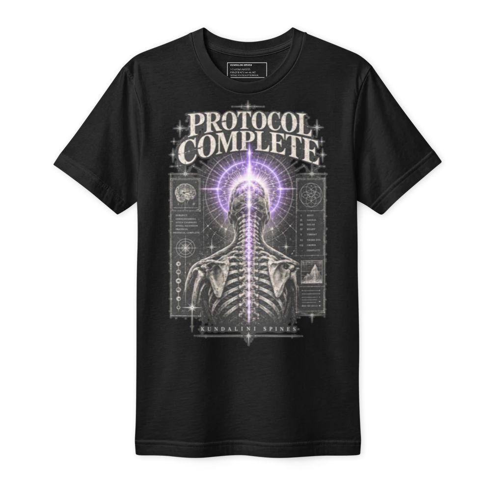Black fine jersey tee printed on the chest with the Protocol Complete artwork: PROTOCOL COMPLETE over a figure seen from behind, its spine a column of violet light rising to a crown of light.