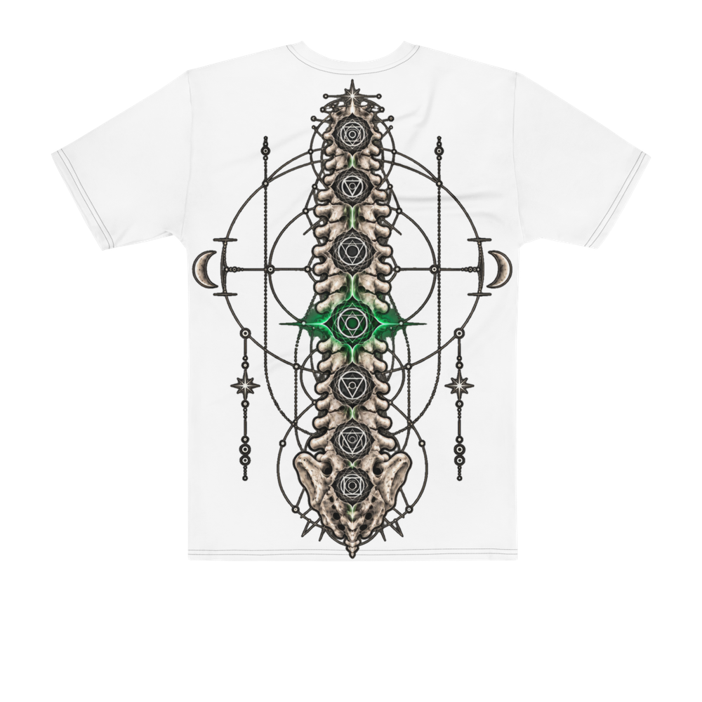 Back of the same white tee: the spine of seven chambers printed large, the middle lit green.