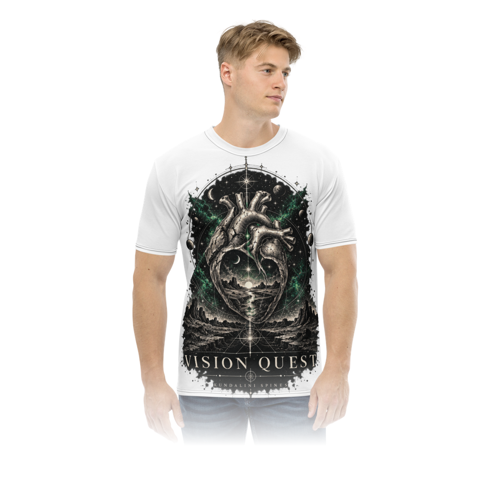 The same white tee worn, from the front, showing how large the Vision Quest print sits on the body.