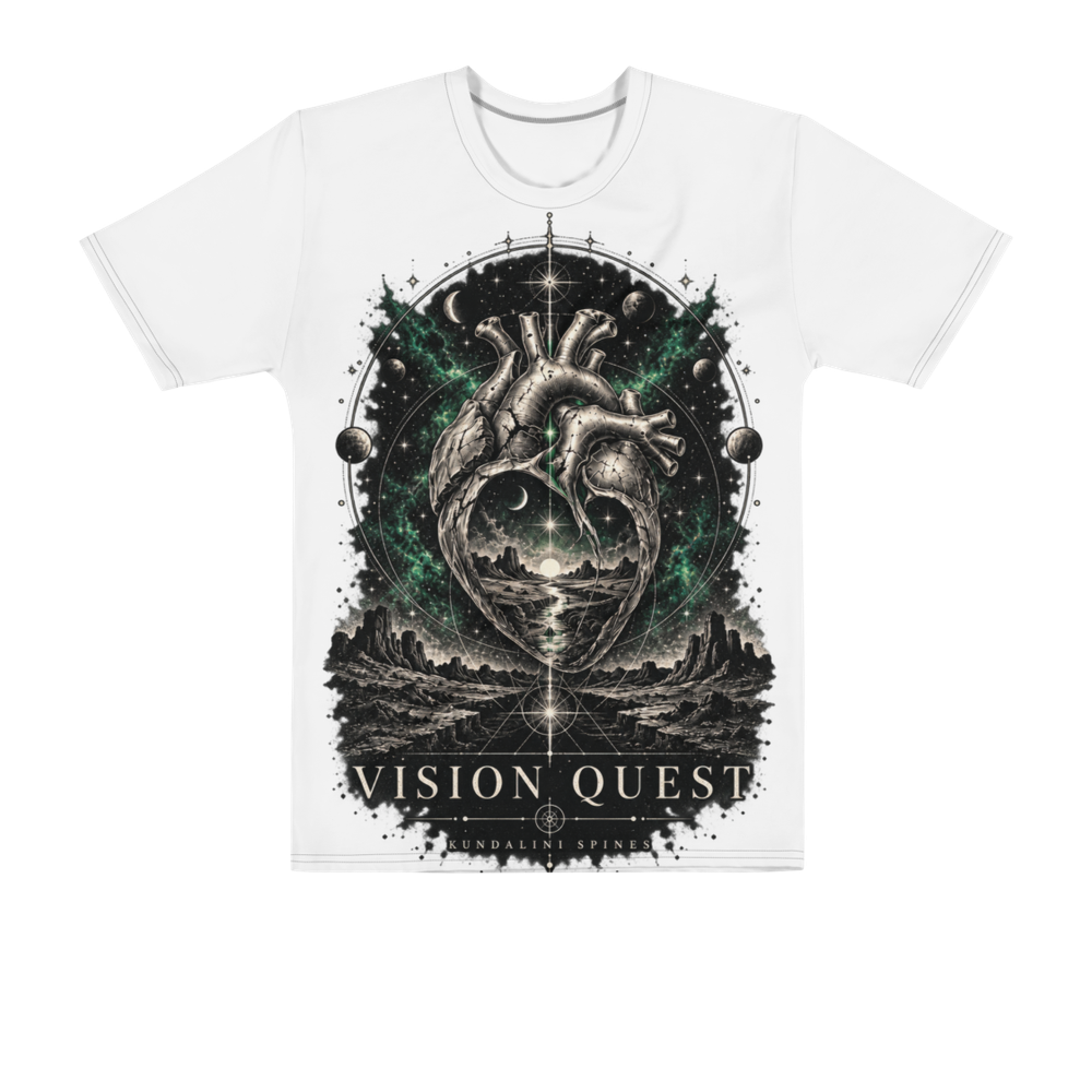 White all-over print tee with the Vision Quest artwork printed large across the front: an anatomical heart of stone in a ring of stars and green light over a moonlit valley, VISION QUEST beneath.