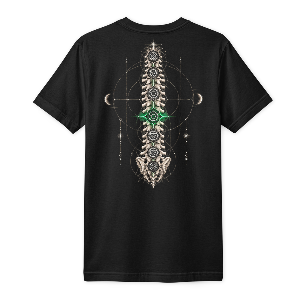 Back of the same black tee: a spine of seven chambers down the middle, the middle lit green, Chamber IV of the Chakra series.