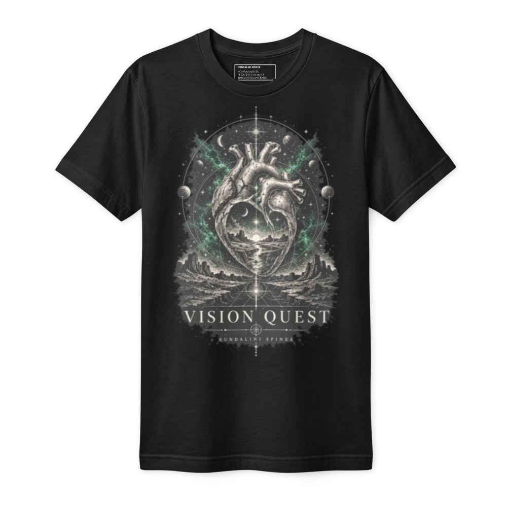 Black fine jersey tee printed on the chest with the Vision Quest artwork: an anatomical heart of stone in a ring of stars and green light over a moonlit valley, VISION QUEST beneath.