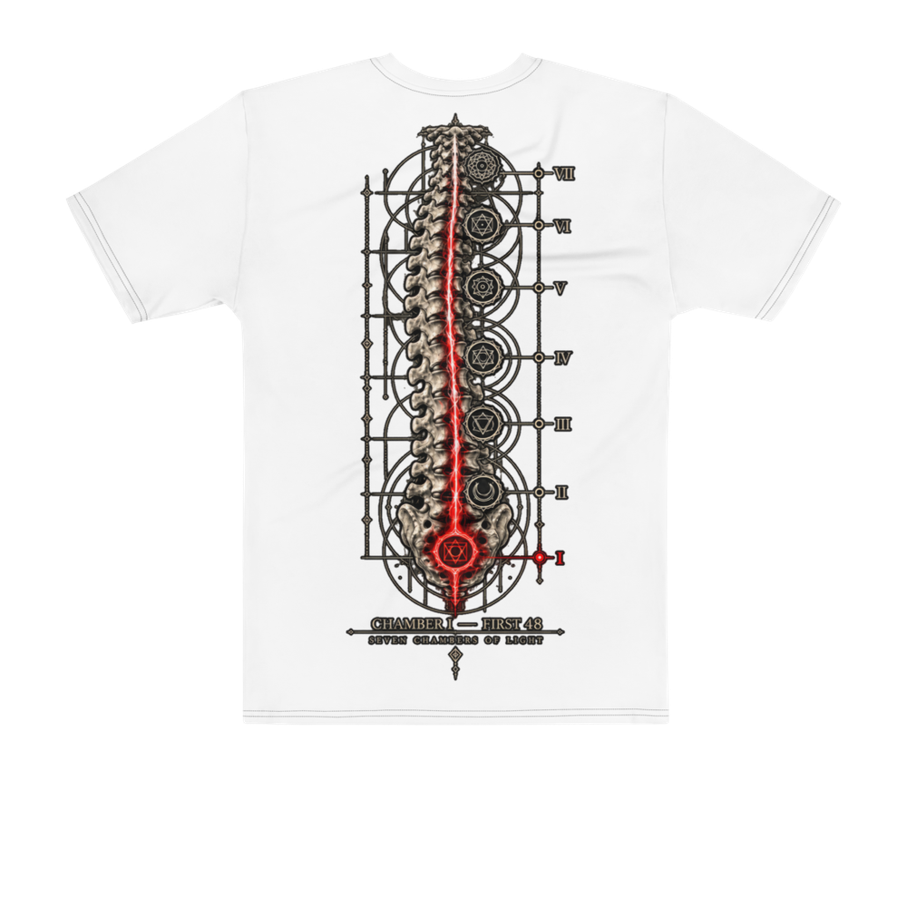 Back of the same white tee: the spine of seven chambers printed large, the lowest lit red.