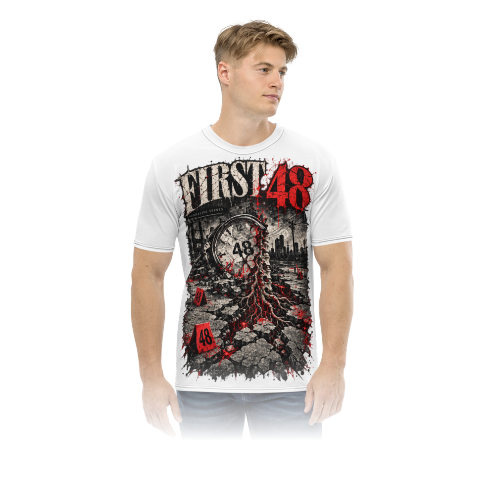 The same white tee worn, from the front, showing how large the First 48 print sits on the body.