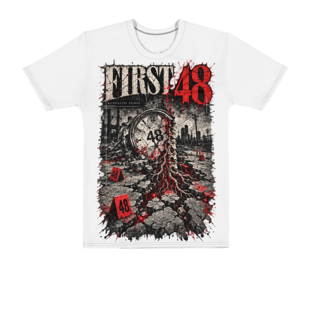 White all-over print tee with the First 48 artwork printed large across the front: FIRST 48 in distressed capitals, the 48 in red, over a cracked clock face in a ruined city, red roots splitting the ground between numbered evidence markers.
