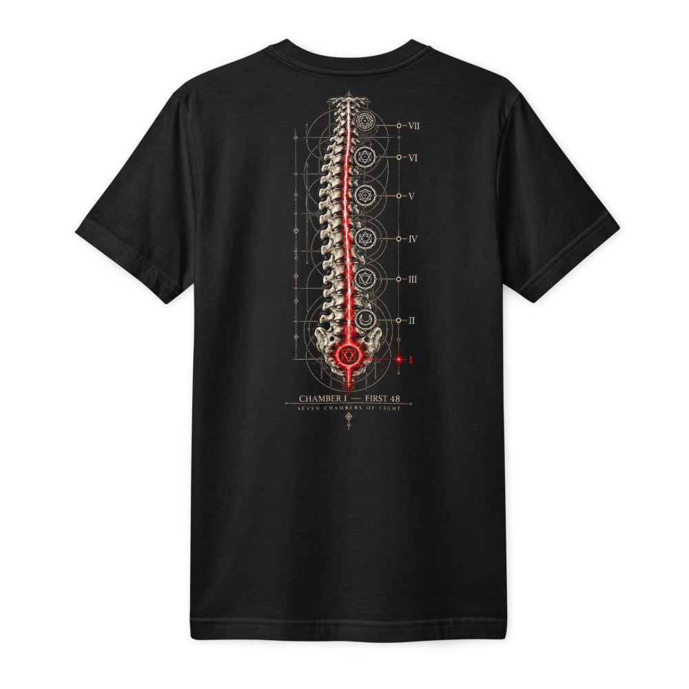 Back of the same black tee: a spine of seven chambers down the middle, the lowest lit red, Chamber I of the Chakra series.