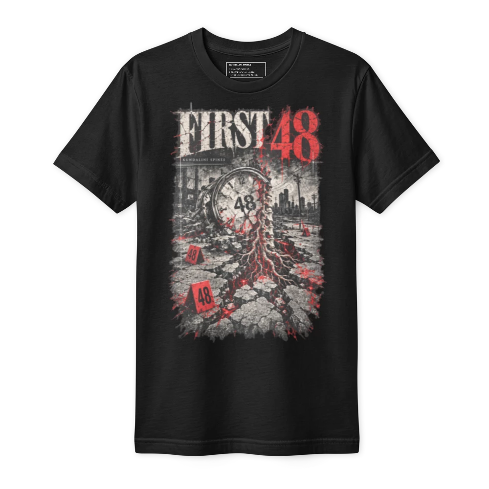 Black fine jersey tee printed on the chest with the First 48 artwork: FIRST 48 in distressed capitals, the 48 in red, over a cracked clock face in a ruined city, red roots splitting the ground between numbered evidence markers.