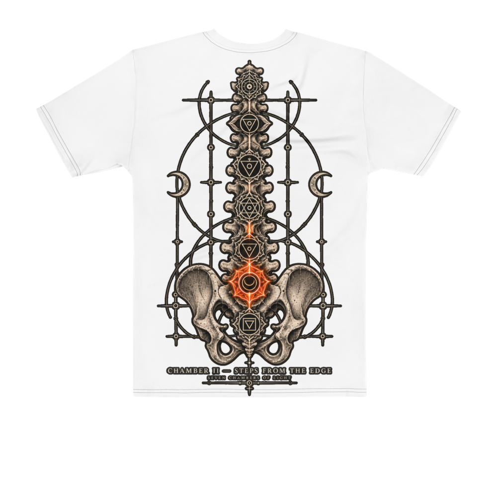 Back of the same white tee: the spine of seven chambers printed large, the second from the base lit orange.