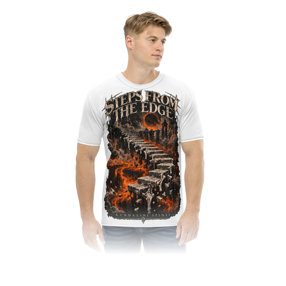 The same white tee worn, from the front, showing how large the Steps from the Edge print sits on the body.