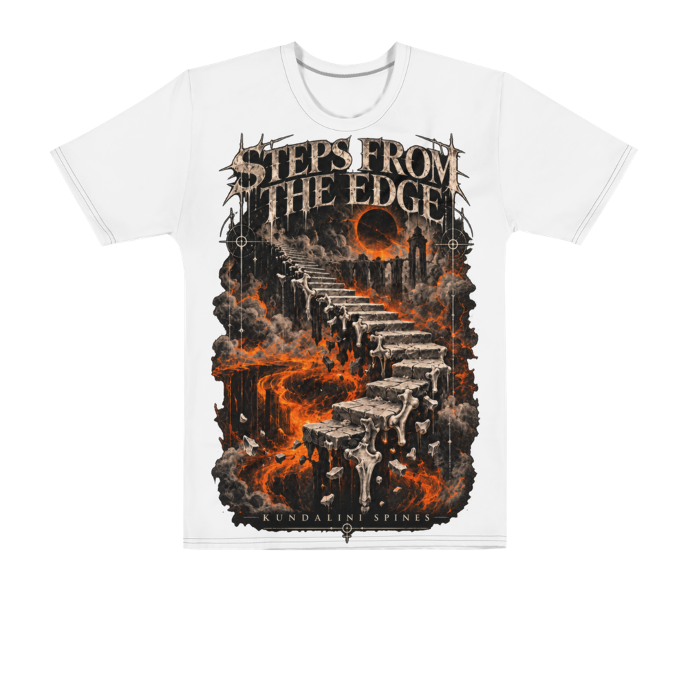 White all-over print tee with the Steps from the Edge artwork printed large across the front: STEPS FROM THE EDGE in jagged capitals over a stair of bone climbing out of molten orange fire toward a black sun.