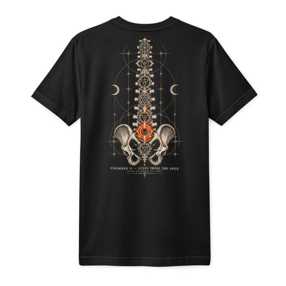 Back of the same black tee: a spine of seven chambers down the middle, the second from the base lit orange, Chamber II of the Chakra series.