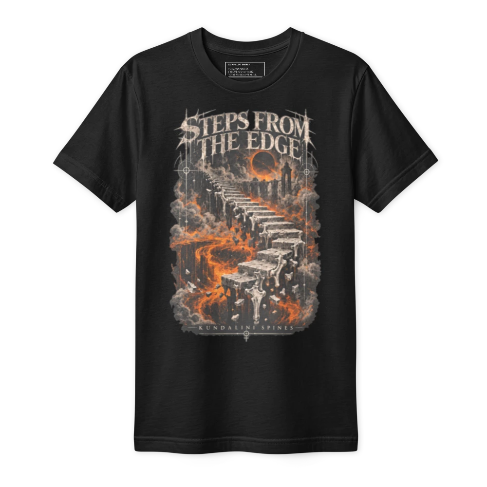 Black fine jersey tee printed on the chest with the Steps from the Edge artwork: STEPS FROM THE EDGE in jagged capitals over a stair of bone climbing out of molten orange fire toward a black sun.