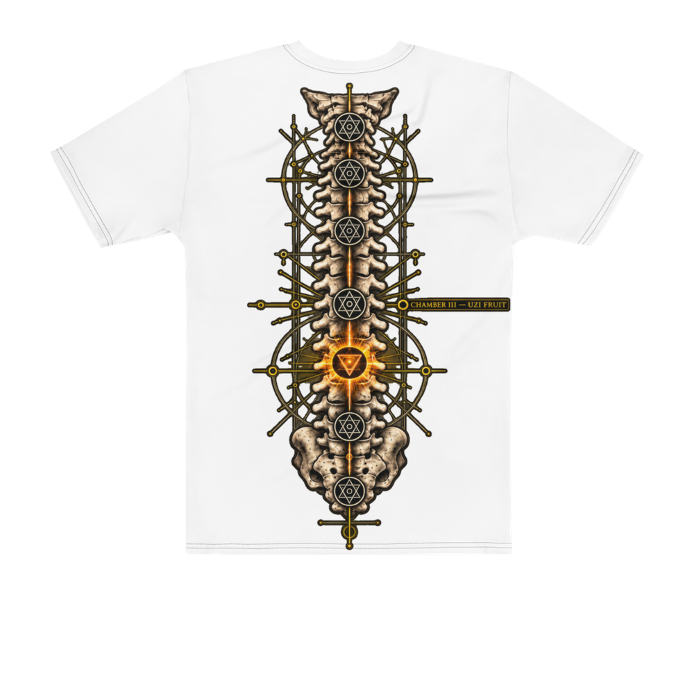 Back of the same white tee: the spine of seven chambers printed large, the third from the base lit gold.