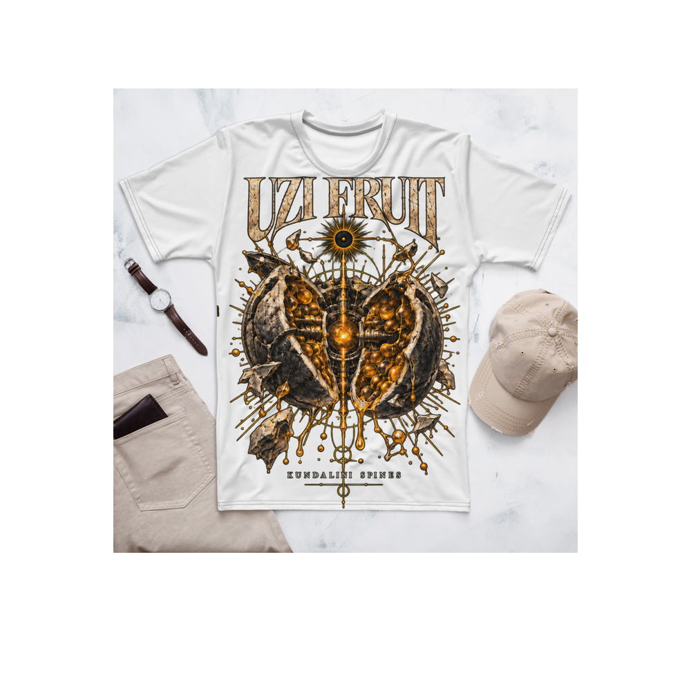 The same white tee laid flat on white marble beside a watch, a pair of jeans and a cap.