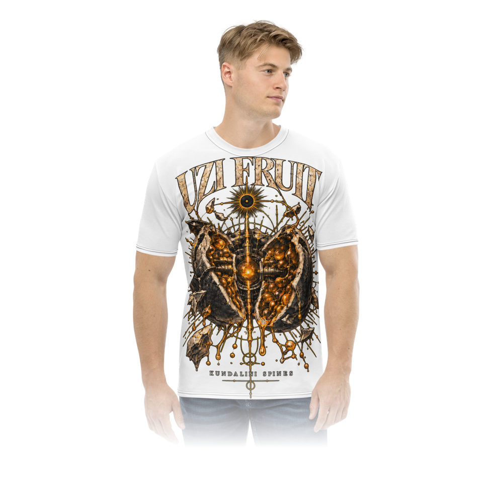 The same white tee worn, from the front, showing how large the Uzi Fruit print sits on the body.