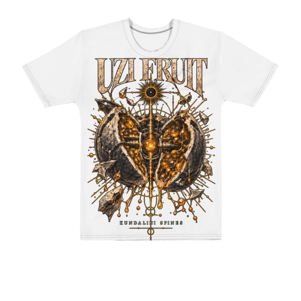 White all-over print tee with the Uzi Fruit artwork printed large across the front: UZI FRUIT in gold capitals over a cracked fruit split open on a core of gold rounds, a black sun above it.