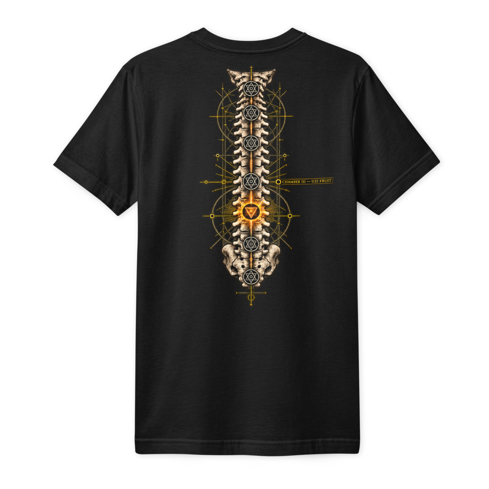 Back of the same black tee: a spine of seven chambers down the middle, the third from the base lit gold, Chamber III of the Chakra series.