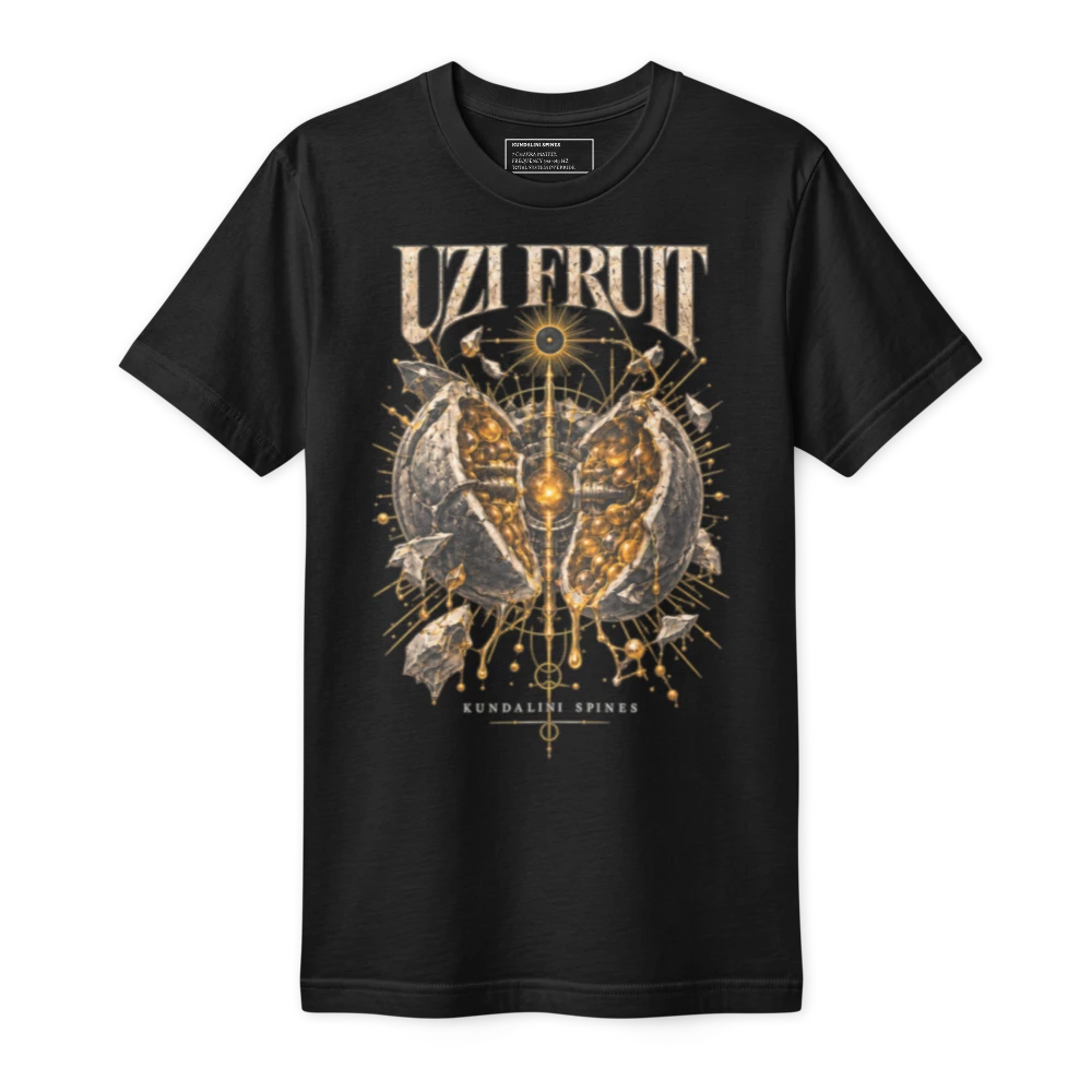 Black fine jersey tee printed on the chest with the Uzi Fruit artwork: UZI FRUIT in gold capitals over a cracked fruit split open on a core of gold rounds, a black sun above it.