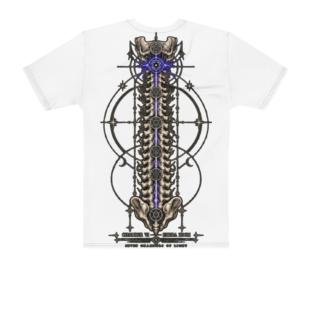 Back of the same white tee: the spine of seven chambers printed large, the sixth from the base lit violet.