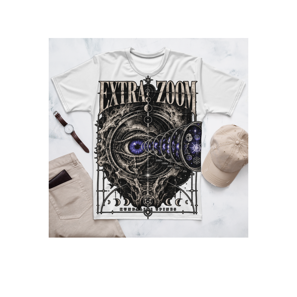 The same white tee laid flat on white marble beside a watch, a pair of jeans and a cap.