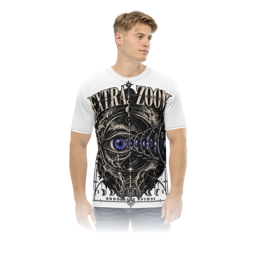 The same white tee worn, from the front, showing how large the Extra Zoom print sits on the body.