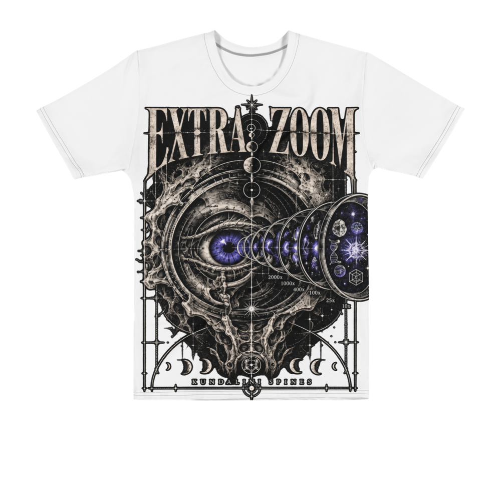White all-over print tee with the Extra Zoom artwork printed large across the front: EXTRA ZOOM over a violet eye and a telescope of lenses reaching out to stars and DNA.