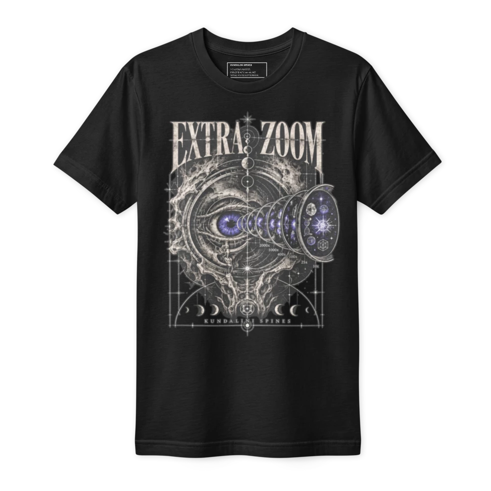 Black fine jersey tee printed on the chest with the Extra Zoom artwork: EXTRA ZOOM over a violet eye and a telescope of lenses reaching out to stars and DNA.