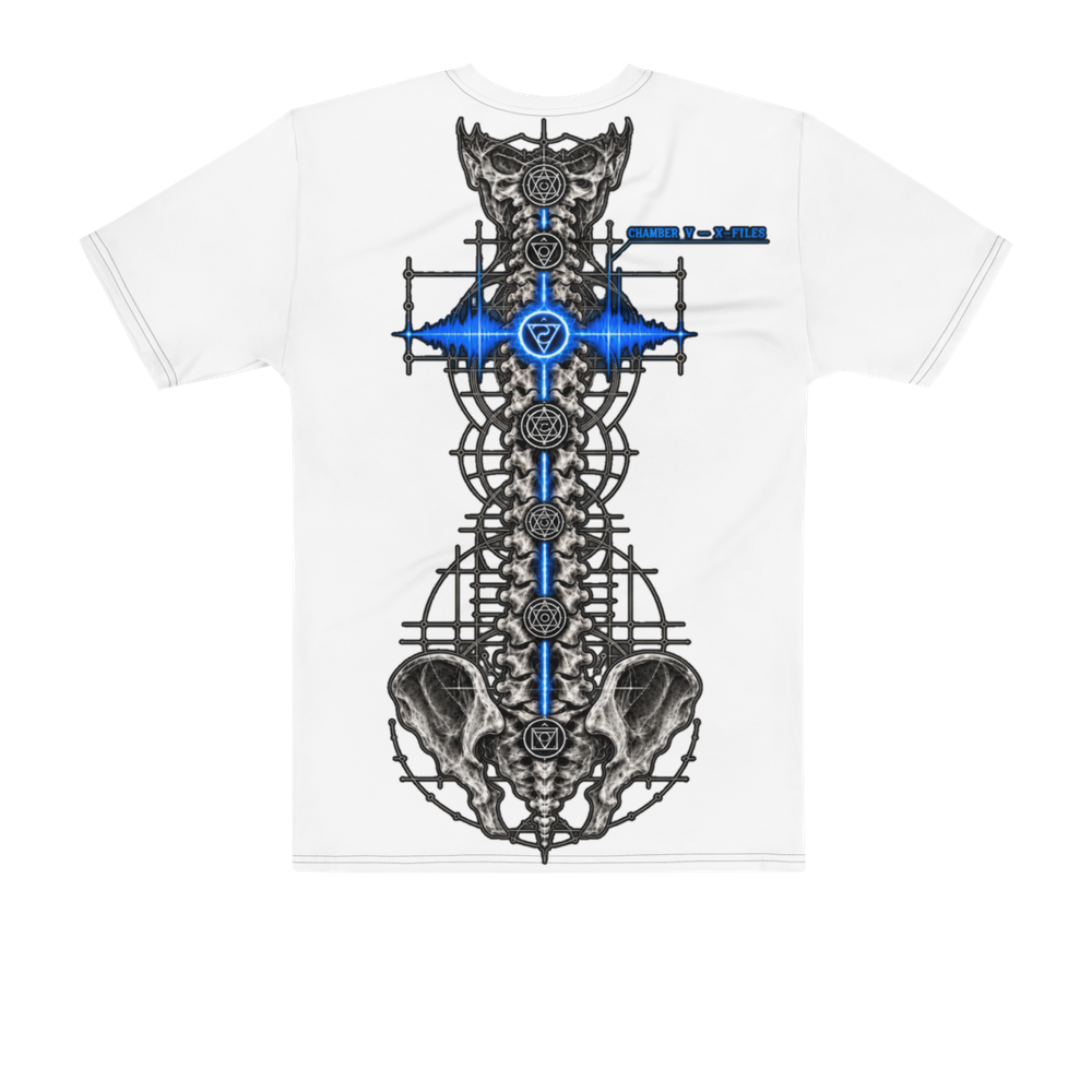 Back of the same white tee: the spine of seven chambers printed large, the fifth from the base lit blue.