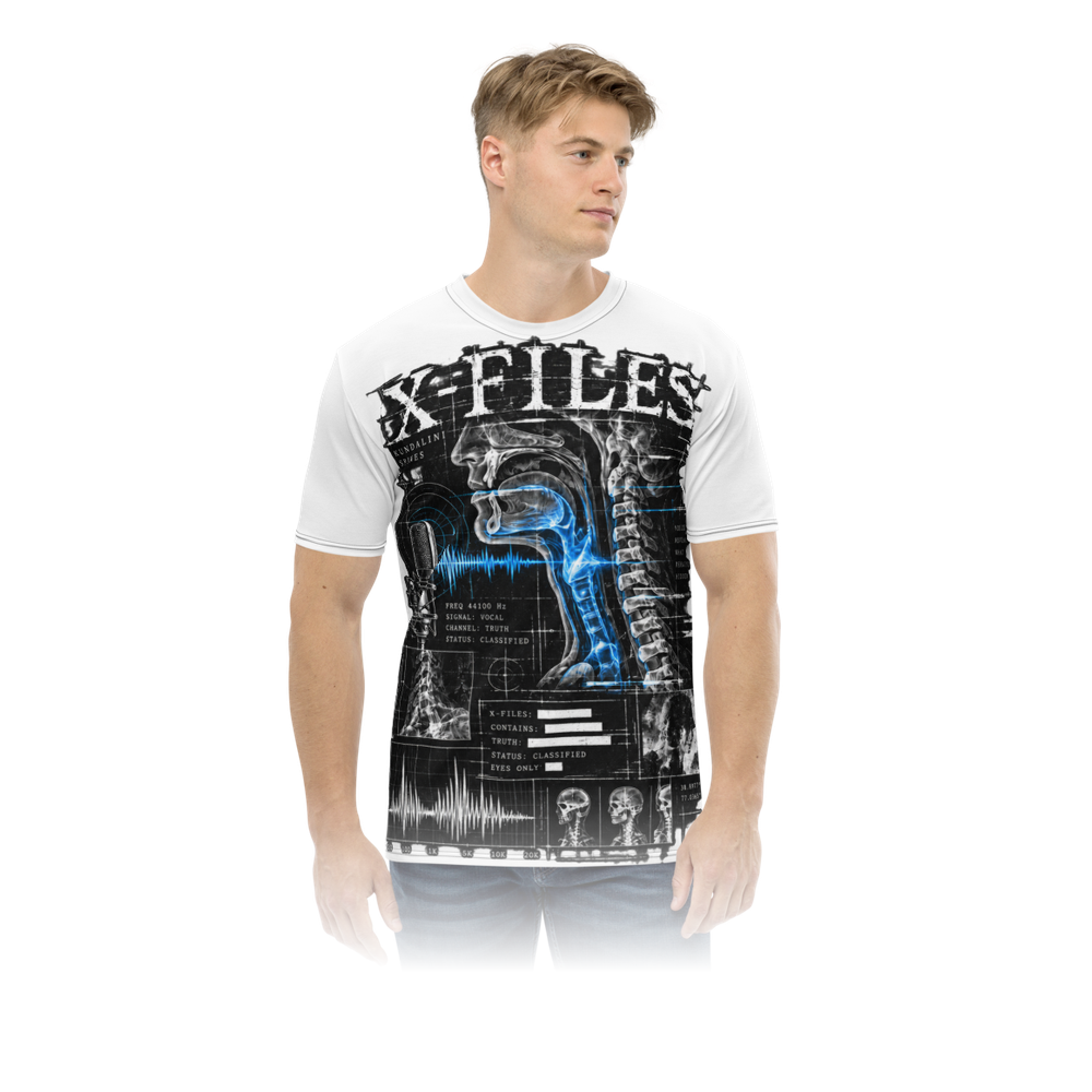 The same white tee worn, from the front, showing how large the X-Files print sits on the body.