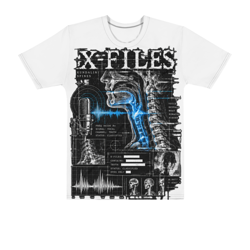 White all-over print tee with the X-Files artwork printed large across the front: X-FILES in white capitals over an X-ray of a singer's throat and neck lit blue, a studio microphone and a waveform beside it.