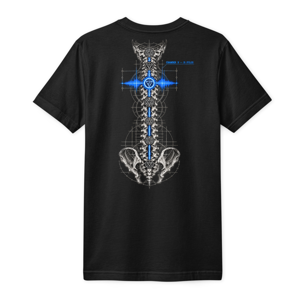 Back of the same black tee: a spine of seven chambers down the middle, the fifth from the base lit blue, Chamber V of the Chakra series.