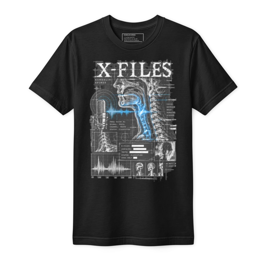 Black fine jersey tee printed on the chest with the X-Files artwork: X-FILES in white capitals over an X-ray of a singer's throat and neck lit blue, a studio microphone and a waveform beside it.