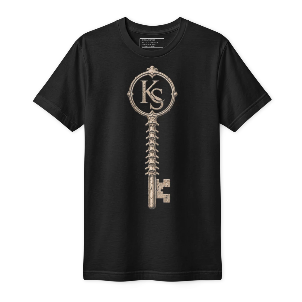 Black fine jersey tee with the KS skeleton key, its shaft a column of vertebrae, printed down the chest. A second print, the serpent spine, is on the back.