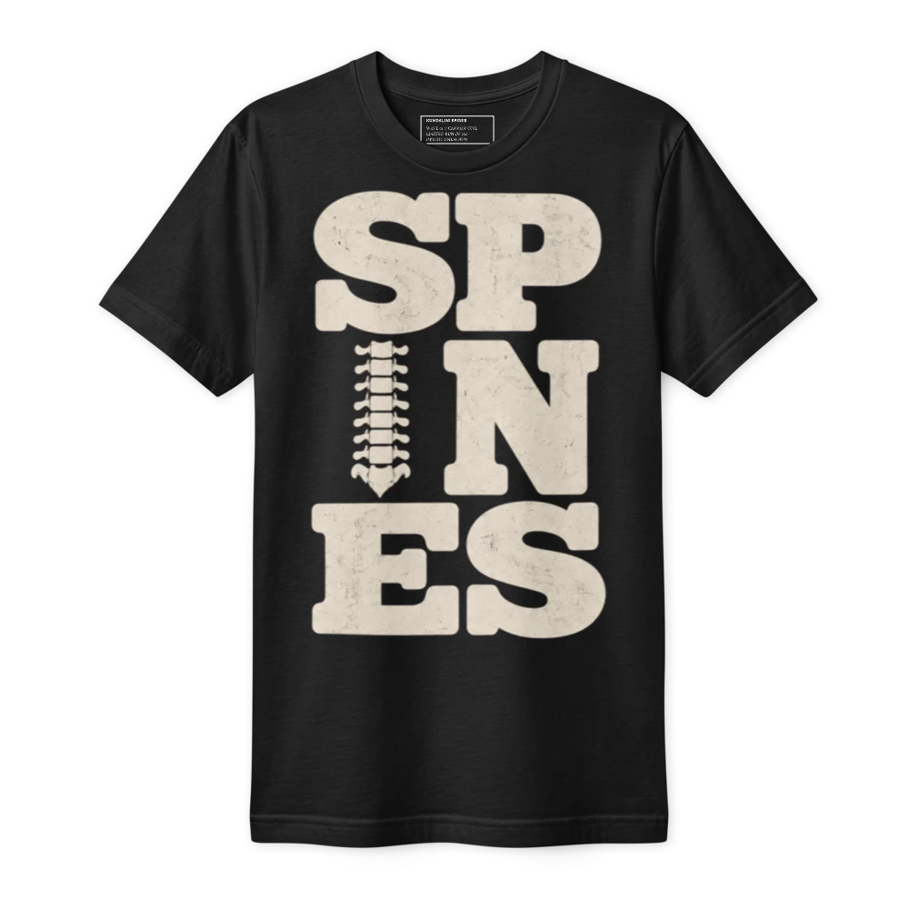 Black fine jersey tee with SPINES stacked down the chest in large distressed cream capitals, a column of vertebrae standing in for the I.