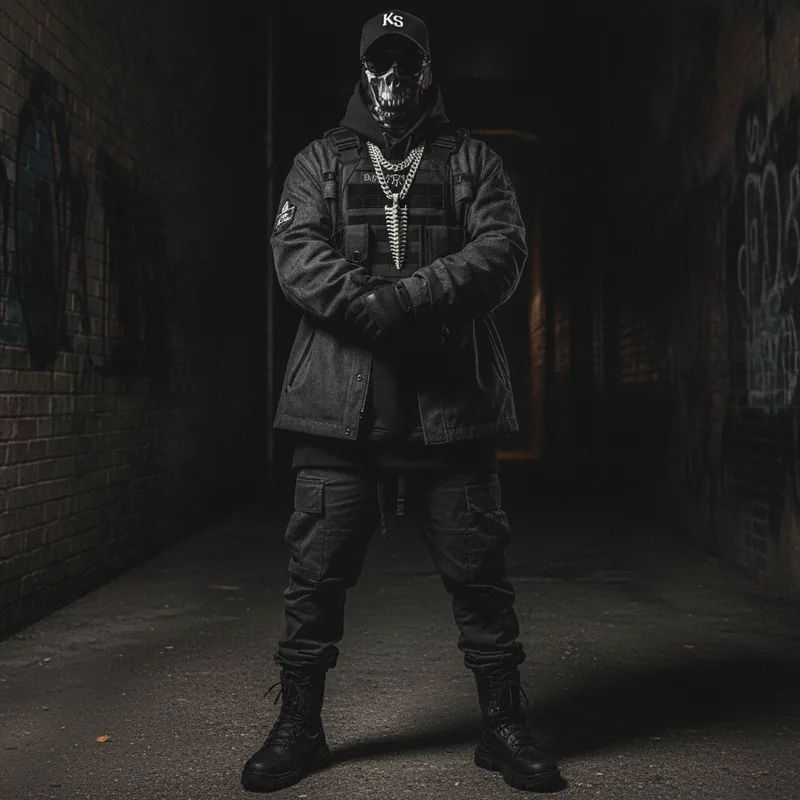 A masked, hooded figure in a dark brick alley, a vertebrae chain hanging over a plate carrier.