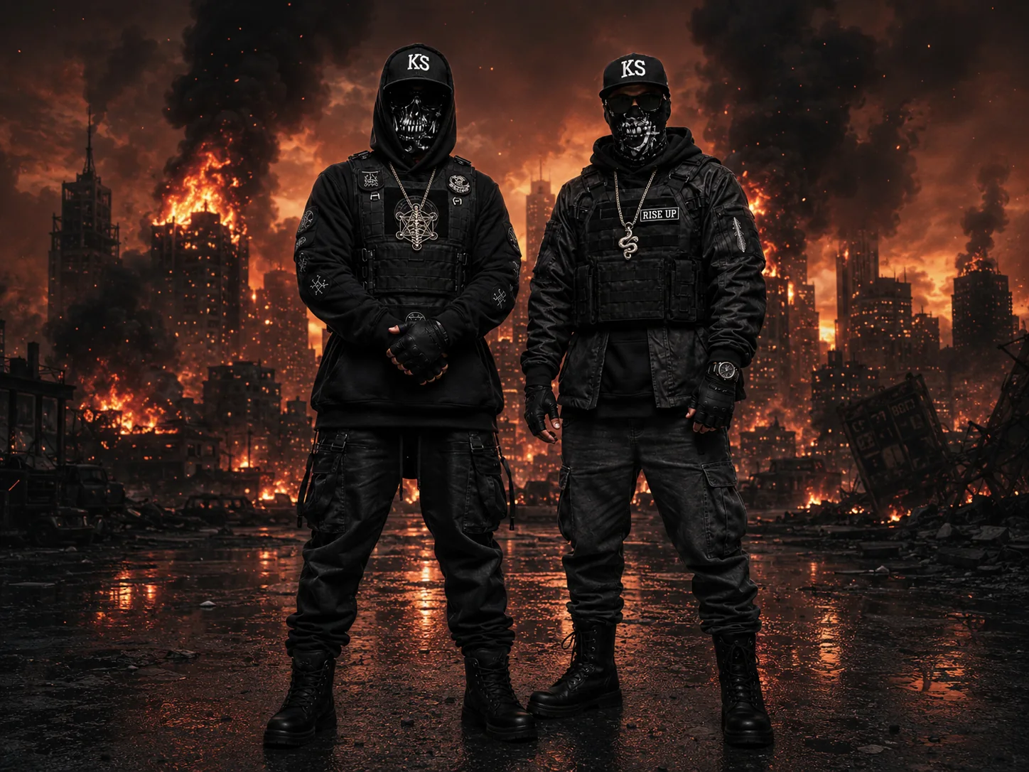 Prophocie and Haight standing together, masked and hooded, before a burning city skyline.