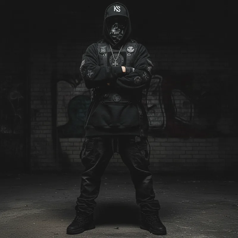 A masked, hooded figure with arms crossed against a graffitied wall, sigil patches across the vest and sleeves.