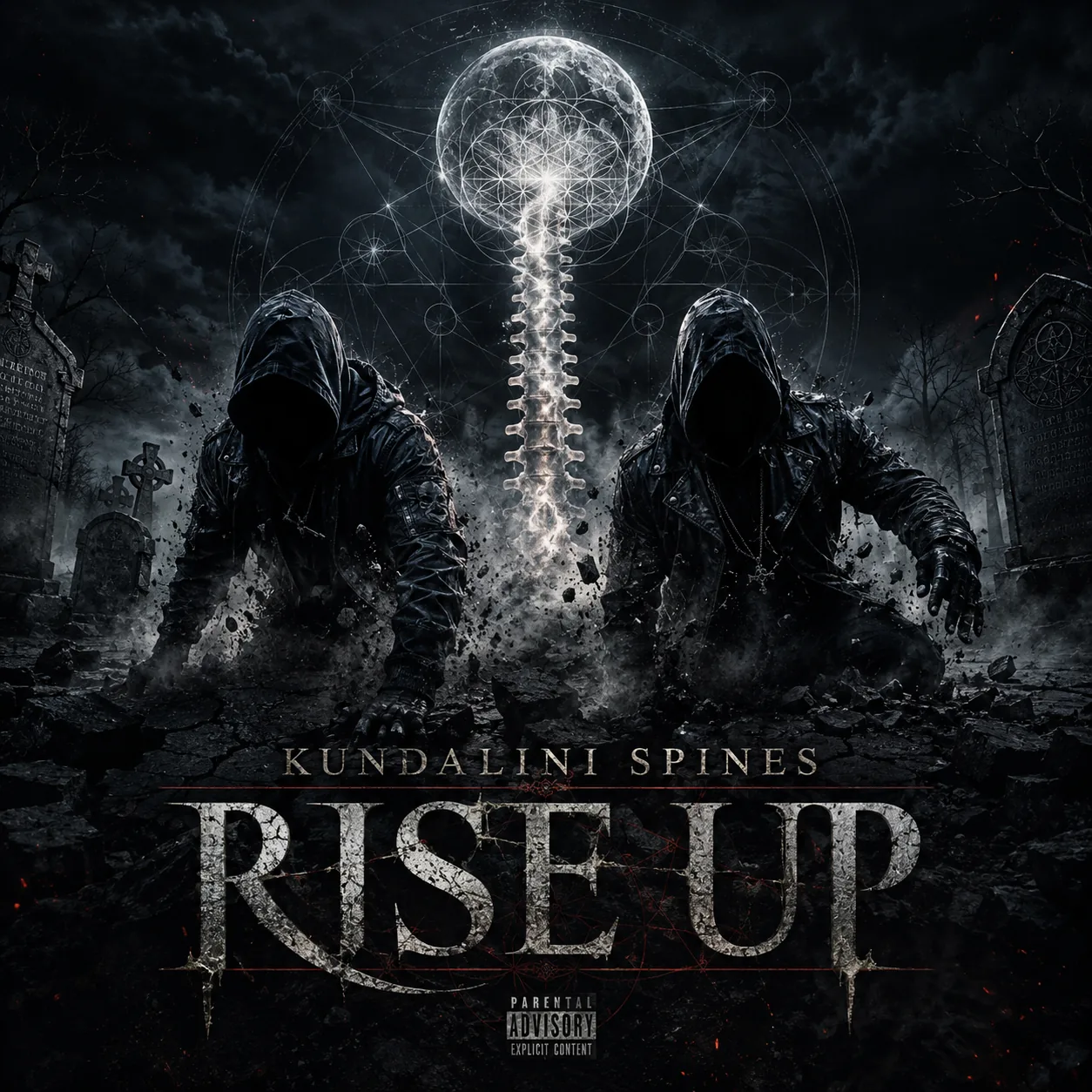 Rise Up album cover: two hooded figures rising out of a cracked graveyard beneath a glowing spinal column and a sigil-marked moon.